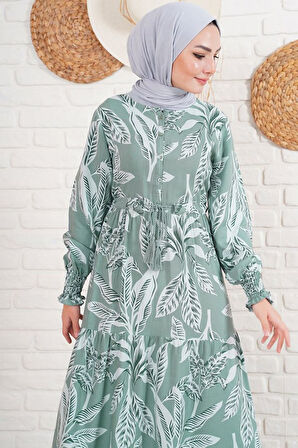 TUA MODA 2145 Desenli Tesettür Elbise - Haki