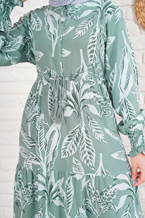 TUA MODA 2145 Desenli Tesettür Elbise - Haki