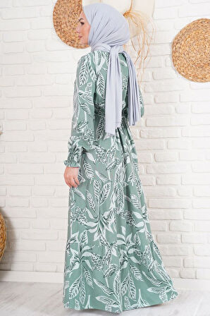 TUA MODA 2145 Desenli Tesettür Elbise - Haki