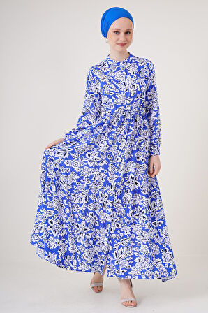 TUA MODA 2144 Hakim Yaka Tesettür Elbise - Saks