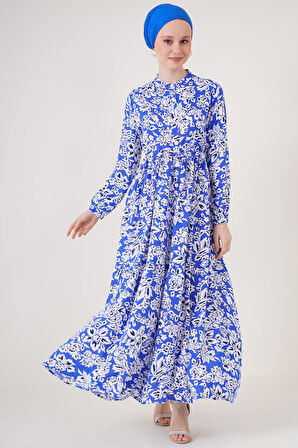TUA MODA 2144 Hakim Yaka Tesettür Elbise - Saks