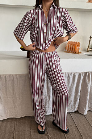 TUA MODA ÇİZGİLİ CROP GÖMLEK - SALAŞ PANTOLON TAKIM MODAL - Bordo