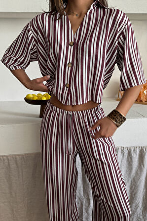 TUA MODA ÇİZGİLİ CROP GÖMLEK - SALAŞ PANTOLON TAKIM MODAL - Bordo