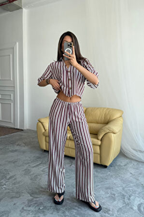 TUA MODA ÇİZGİLİ CROP GÖMLEK - SALAŞ PANTOLON TAKIM MODAL - Bordo