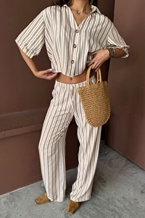 TUA MODA ÇİZGİLİ CROP GÖMLEK - SALAŞ PANTOLON TAKIM MODAL - Bej