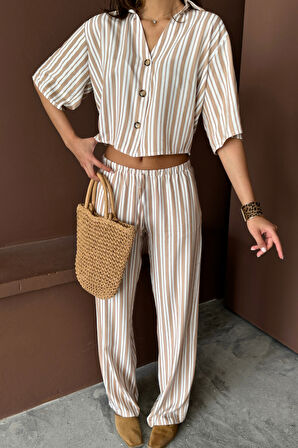 TUA MODA ÇİZGİLİ CROP GÖMLEK - SALAŞ PANTOLON TAKIM MODAL - Bej