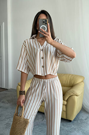 TUA MODA ÇİZGİLİ CROP GÖMLEK - SALAŞ PANTOLON TAKIM MODAL - Bej