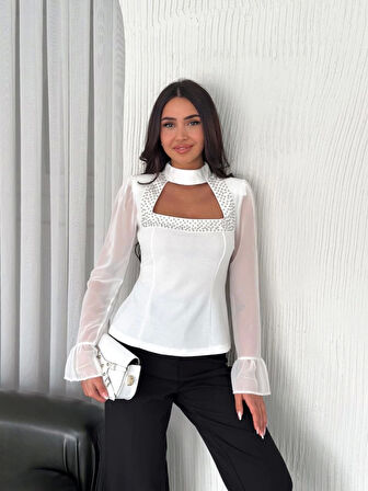 TUA MODA Kolları Şifon Göğüste İnci Boncuk Detaylı Bluz - Beyaz