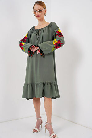 TUA MODA Nakışlı Midi Elbise 2531 - Haki