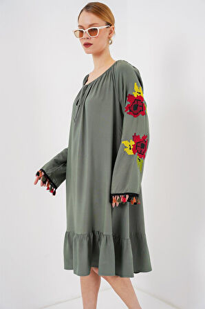 TUA MODA Nakışlı Midi Elbise 2531 - Haki