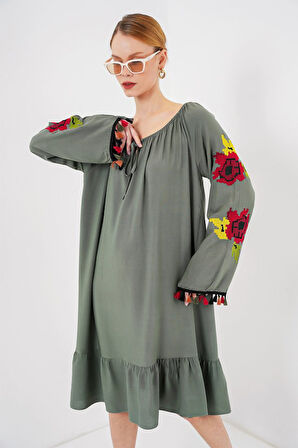 TUA MODA Nakışlı Midi Elbise 2531 - Haki