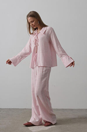 TUA MODA Çzgili Bağlamalı Pantolon Takım - Pembe