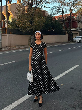 TUA MODA Kadın Kısa Kollu Bisiklet Yaka Puantiyeli Maksi örme Krep Elbise