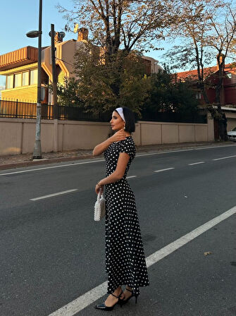 TUA MODA Kadın Kısa Kollu Bisiklet Yaka Puantiyeli Maksi örme Krep Elbise