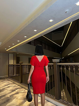 TUA MODA Kadın Dalgıç Krep V Yaka Ve Sırt Dekolte Detaylı Elbise