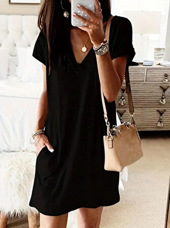 TUA MODA Kadın Kısa Kollu V Yakalı Cepli Kısa Viskon Elbise