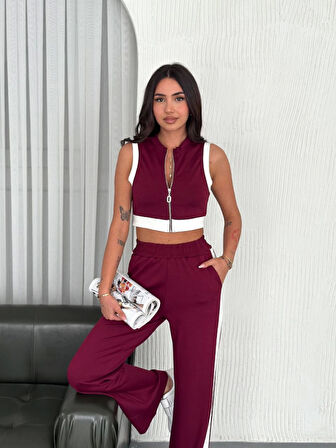 TUA MODA Osy Modal Yumuşak Dokulu Kumaş Tam Fermuarlı Crop Pantalon İkili Takım - Bordo