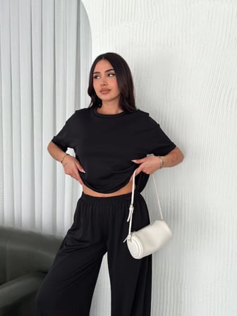 TUA MODA Osy Modal Yumuşak Dokulu Kumaş Bisiklet Yaka T-shirt Bol Paça Pantalon Ikili Takım -Siyah