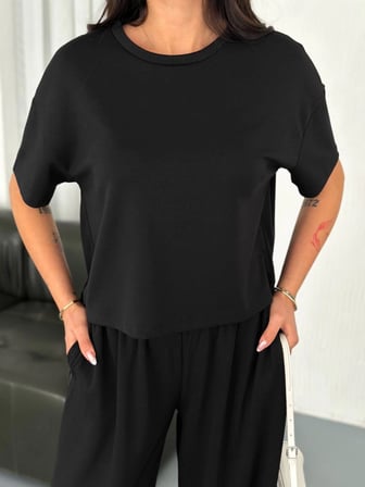 TUA MODA Osy Modal Yumuşak Dokulu Kumaş Bisiklet Yaka T-shirt Bol Paça Pantalon Ikili Takım -Siyah