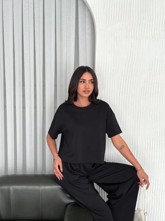 TUA MODA Osy Modal Yumuşak Dokulu Kumaş Bisiklet Yaka T-shirt Bol Paça Pantalon Ikili Takım -Siyah