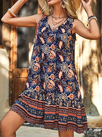 TUA MODA Kadın Askılı V Yakalı Fırfırlı Desenli Süprem Kısa Elbise