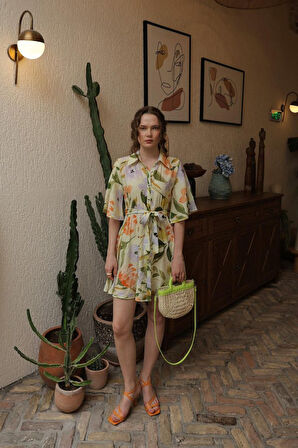 TUA MODA Desenli Yarım Kol Elbise - Yeşil