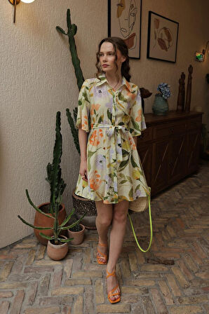 TUA MODA Desenli Yarım Kol Elbise - Yeşil