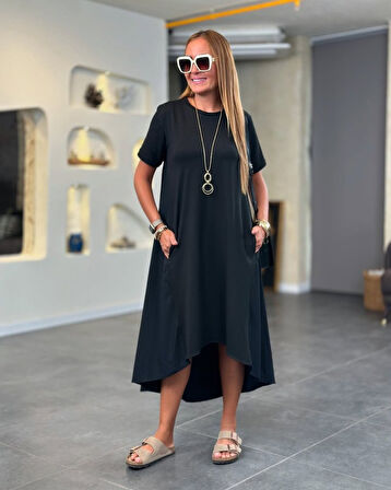TUA MODA Kadın Kısa Kollu Bisiklet Yaka Asimetrik Kesim ön Viskon Arkası Trikoton Elbise