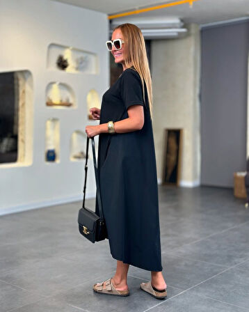 TUA MODA Kadın Kısa Kollu Bisiklet Yaka Asimetrik Kesim ön Viskon Arkası Trikoton Elbise