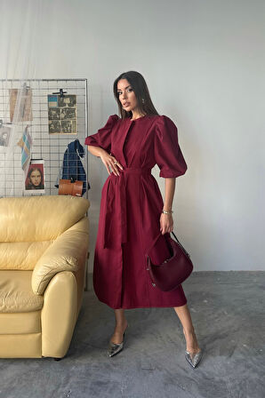 TUA MODA TENCEL KARPUZ KOL ELBİSE - Bordo