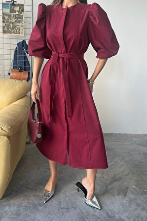 TUA MODA TENCEL KARPUZ KOL ELBİSE - Bordo