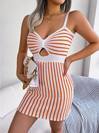TUA MODA Kadın Kolsuz Askılı Pencere Detay şerit Desen Mini Triko Elbise