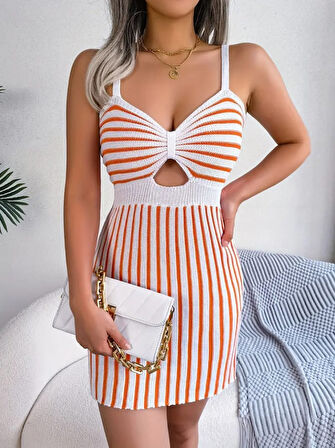 TUA MODA Kadın Kolsuz Askılı Pencere Detay şerit Desen Mini Triko Elbise