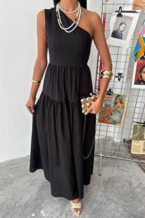TUA MODA Tek Omuzlu Pile Detay Maxi Elbise 2895