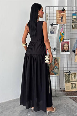 TUA MODA Tek Omuzlu Pile Detay Maxi Elbise 2895