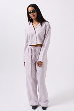 TUA MODA Kuşak Detay Çizgili Pantolon