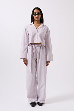 TUA MODA Kuşak Detay Çizgili Pantolon