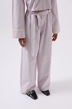 TUA MODA Kuşak Detay Çizgili Pantolon