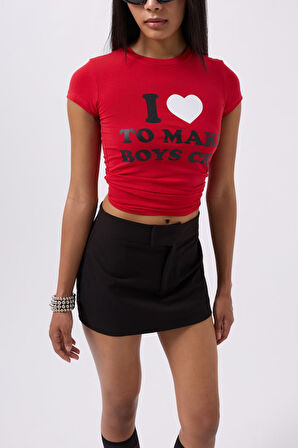 TUA MODA Nakış Detay Baskılı Crop T-Shirt