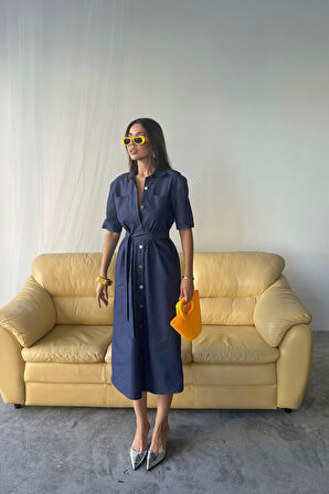 TUA MODA TENCEL ÖNDEN DÜĞMELİ KISA KOL ELBİSE - Mavi