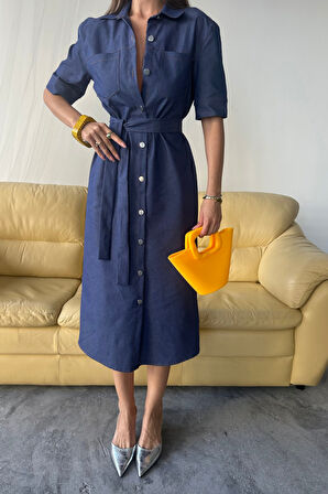 TUA MODA TENCEL ÖNDEN DÜĞMELİ KISA KOL ELBİSE - Mavi