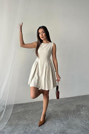 TUA MODA Bej Mini Boy Büzgülü Keten Elbise
