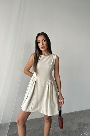 TUA MODA Bej Mini Boy Büzgülü Keten Elbise