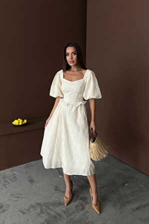 TUA MODA Bej Balon Kollu Dantelli Brode Elbise