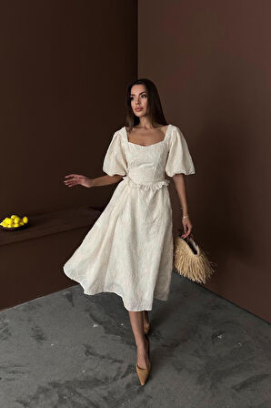 TUA MODA Bej Balon Kollu Dantelli Brode Elbise