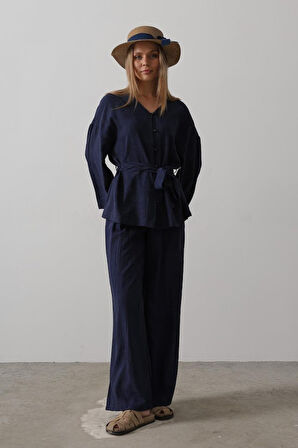 TUA MODA Beli Bağlamalı Tunik Ve Beli Bağlamalı Pantolon Takım - Lacivert