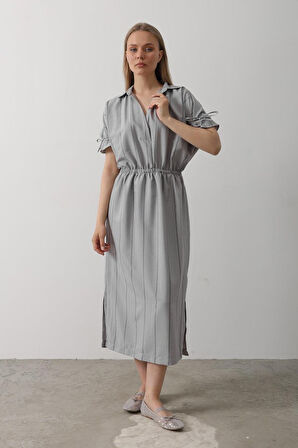 TUA MODA Beli Lastikli Elbise - Gri
