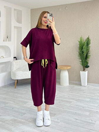 TUA MODA Kadın Kısa Kollu Bisiklet Yaka Viskon Iki Iplik Bluz Ve Pantolon Ikili Takım