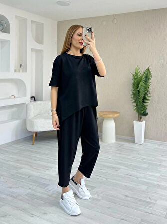 TUA MODA Kadın Kısa Kollu Bisiklet Yaka Viskon Iki Iplik Bluz Ve Pantolon Ikili Takım