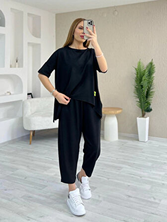 TUA MODA Kadın Kısa Kollu Bisiklet Yaka Viskon Iki Iplik Bluz Ve Pantolon Ikili Takım